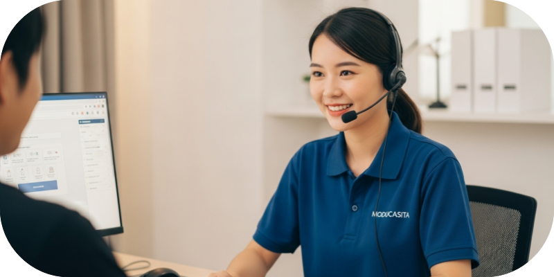 A beautiful modern prefab home with a happy family visible through the large glass window.