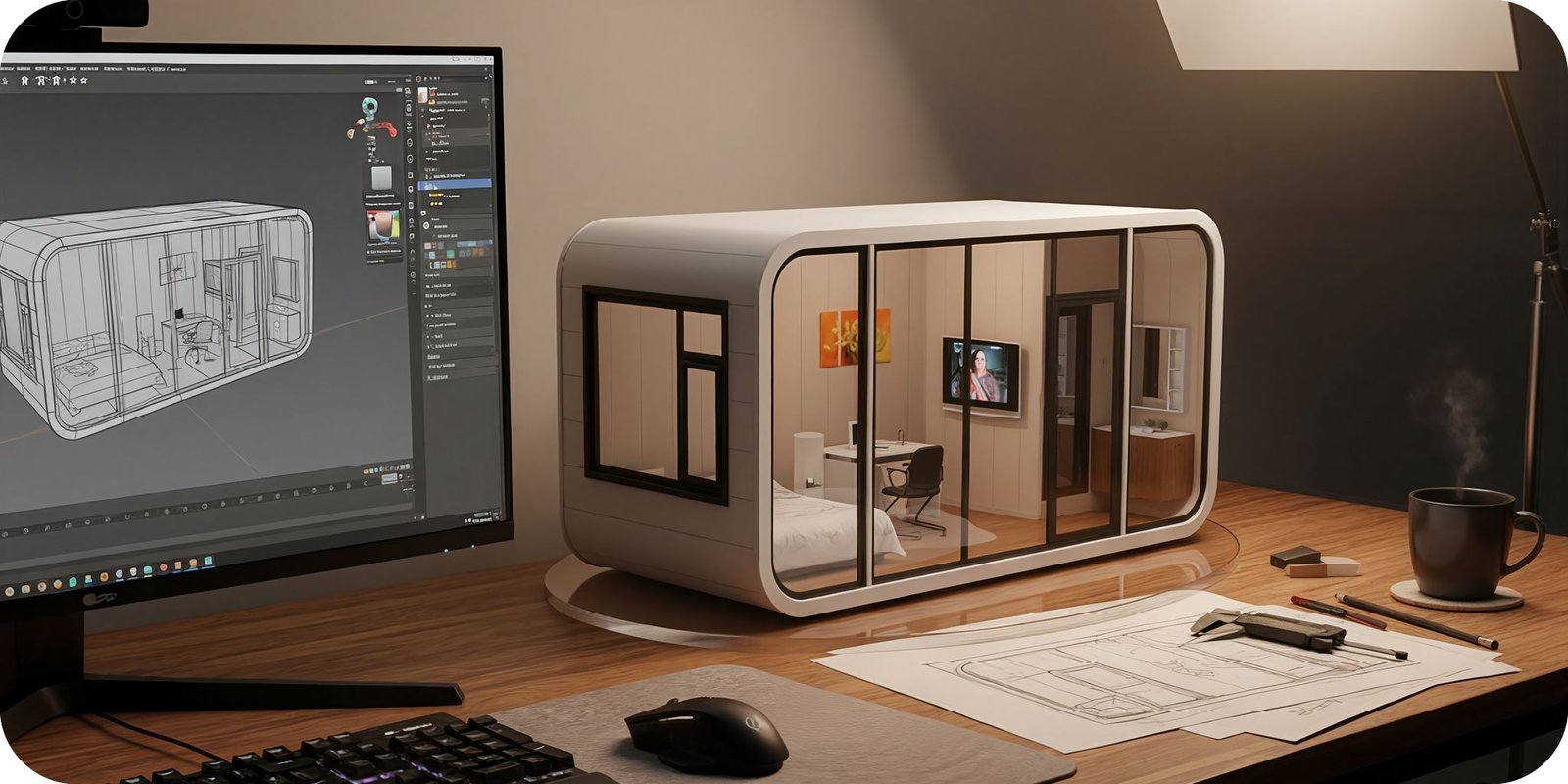 A detailed 3D architectural rendering on a large computer screen.