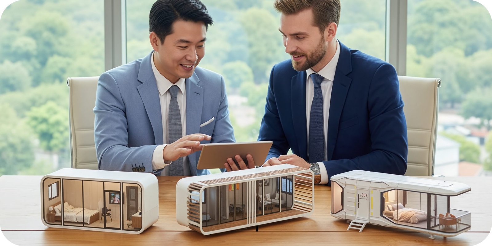 A team of architects discussing blueprints in a modern office.