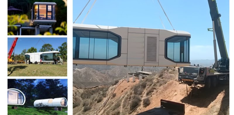 A construction crane precisely placing a modular home unit onto its foundation.